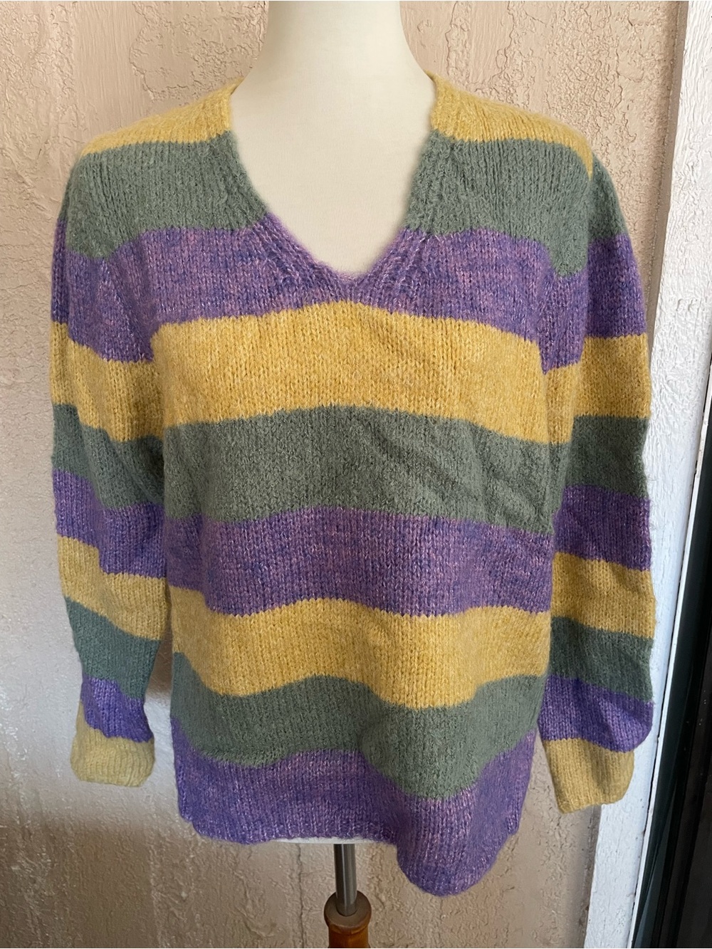 Bibi Striped V-Neck Fuzzy Sweater in Gold, Purple & Green